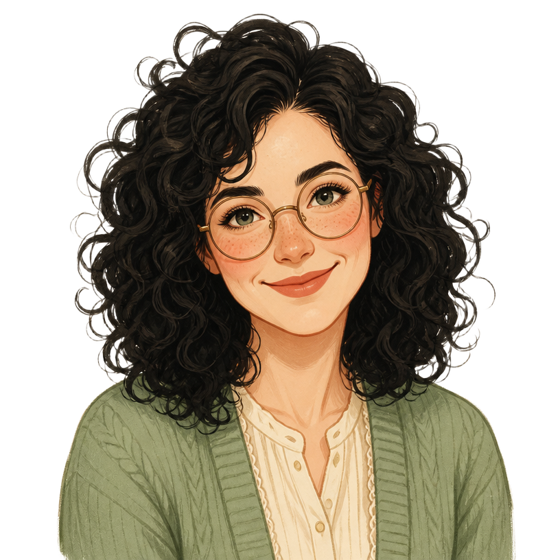 Illustration of Mrs. Schrio, a geometry teacher with curly black hair and freckles
